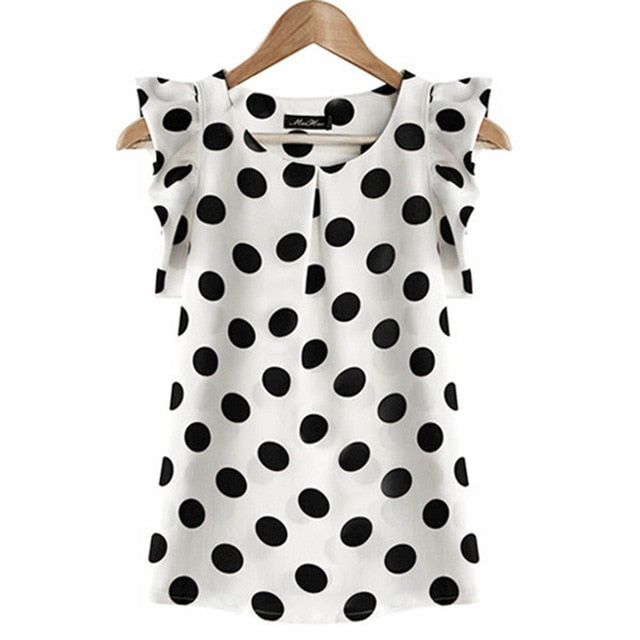 Girl Dots Blouse Women Casual Chiffon Shirt Sleeveless Ruffle