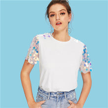 Load image into Gallery viewer, COLROVIE White Contrast Sequin Mesh Sleeve Preppy T-Shirt Tee Summer Sheer Weekend Casual Top Tee Basic Women Clothing