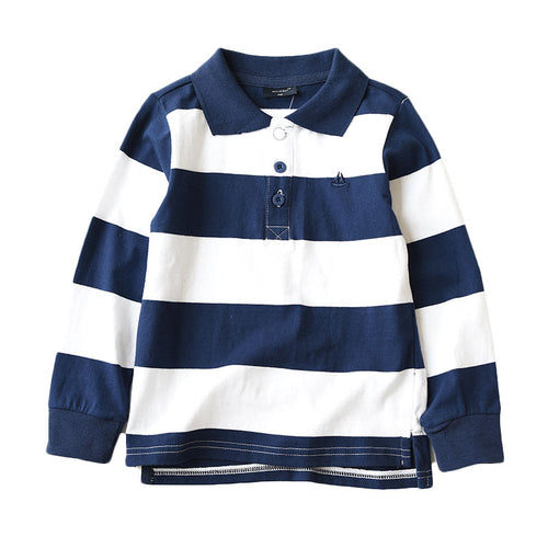 Autumn Boys T Shirt Long Sleeve Striped Turn-down Collar Cotton Teenage School Kids Tops Tees