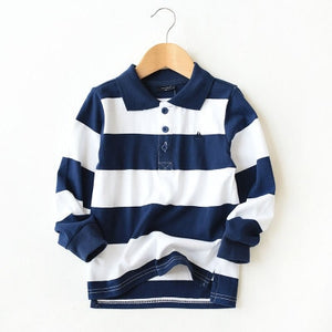 Autumn Boys T Shirt Long Sleeve Striped Turn-down Collar Cotton Teenage School Kids Tops Tees