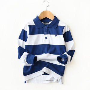 Autumn Boys T Shirt Long Sleeve Striped Turn-down Collar Cotton Teenage School Kids Tops Tees