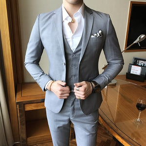 Men's wedding dress solid color Slim 3 piece set fashion business casual suit jacket wedding banquet dress men's clothing