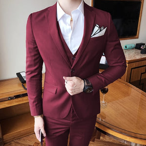 Men's wedding dress solid color Slim 3 piece set fashion business casual suit jacket wedding banquet dress men's clothing