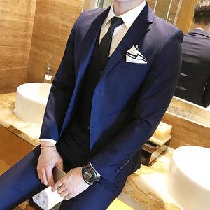 Men's wedding dress solid color Slim 3 piece set fashion business casual suit jacket wedding banquet dress men's clothing