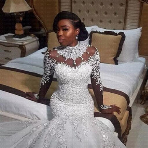 2020 African Nigerian Beaded Sheer Long Sleeves Mermaid Wedding Dress Custom-made Bridal Gowns