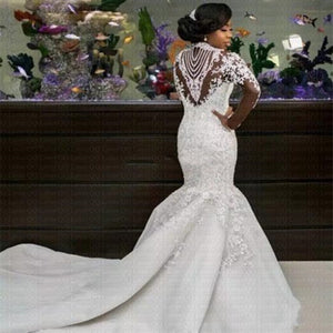 2020 African Nigerian Beaded Sheer Long Sleeves Mermaid Wedding Dress Custom-made Bridal Gowns