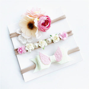 3PCS Baby Girls Artificial Flower Headband Elastic Nylon Ribbon Newborn Headwear Set