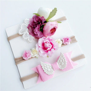 3PCS Baby Girls Artificial Flower Headband Elastic Nylon Ribbon Newborn Headwear Set