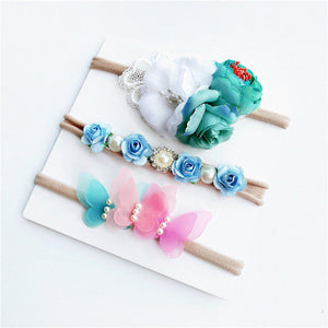 3PCS Baby Girls Artificial Flower Headband Elastic Nylon Ribbon Newborn Headwear Set