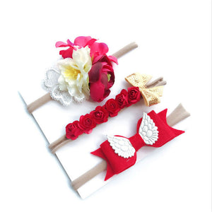 3PCS Baby Girls Artificial Flower Headband Elastic Nylon Ribbon Newborn Headwear Set