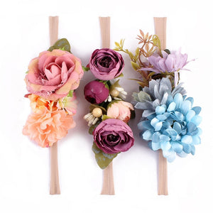 3PCS Baby Girls Artificial Flower Headband Elastic Nylon Ribbon Newborn Headwear Set