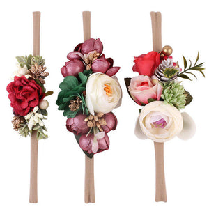 3PCS Baby Girls Artificial Flower Headband Elastic Nylon Ribbon Newborn Headwear Set