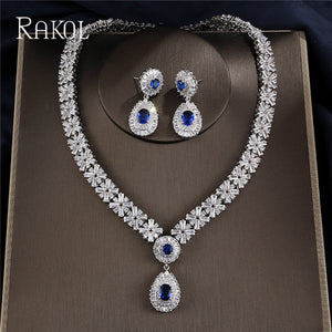 RAKOL Exclusive Dubai White Color Jewelry Luxury Cubic Zirconia Necklace Earring Bracelet