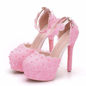 2019 Sexy Lace Floral Women Bridal Shoes Pumps Fashion Pearl High Heel 14CM Platform Shoes  Round Toe Ladies Party Shoes Wedding