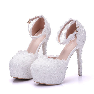 2019 Sexy Lace Floral Women Bridal Shoes Pumps Fashion Pearl High Heel 14CM Platform Shoes  Round Toe Ladies Party Shoes Wedding