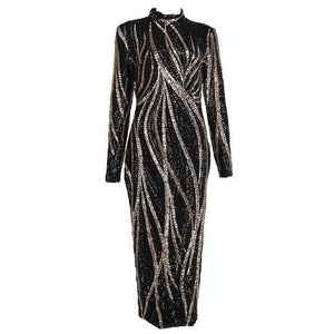 Glittering Womens Turtleneck Long Sleeve Sequin Maxi Bodycon Dress Elegant Stretch Geometrical Foil Party Dress Vestidos