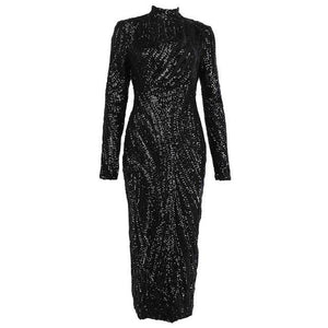 Glittering Womens Turtleneck Long Sleeve Sequin Maxi Bodycon Dress Elegant Stretch Geometrical Foil Party Dress Vestidos