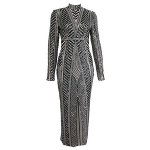 Glittering Womens Turtleneck Long Sleeve Sequin Maxi Bodycon Dress Elegant Stretch Geometrical Foil Party Dress Vestidos