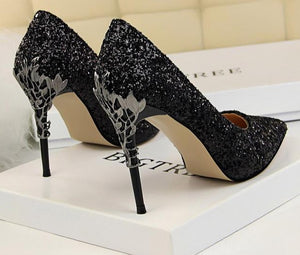 2019 New Spring Women Pumps High Thin Heels Pointed Toe Metal Decoration Sexy Bling Bridal Wedding Women Shoes Gold High Heels