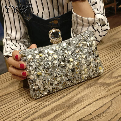 Silver Diamonds Box  evening Clutch Purse Women Fashion Mini Chain Shoulder Bags Female Elegant