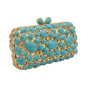 Boutique De FGG Women Clutch Purse Evening Bag Clutches Luxury Blue Turquoise Agate Stone Crystal Minaudiere Bag Wedding Handbag