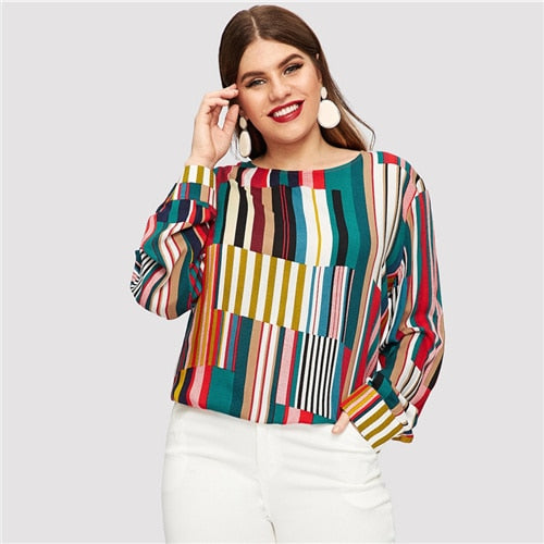 Striped Curved Hem Plus Size Elegant Multicolor Longline Blouses Women 2019 Spring Round Neck Patchwork Tops Blouse