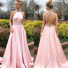 Load image into Gallery viewer, Elegant Pink Satin Prom Gowns Halter Crystal Beaded Full Length Backless Long Evening Party Dress Gowns Summer Maxi Dresses