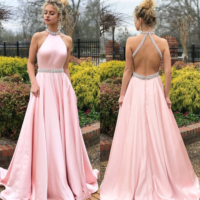 Elegant Pink Satin Prom Gowns Halter Crystal Beaded Full Length Backless Long Evening Party Dress Gowns Summer Maxi Dresses