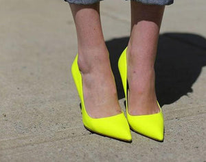 GENSHUO Brand Shoes 10 12CM Heels Women Shoes Pumps Stiletto Neon Yellow Sexy Party High Heels Shoes Big Size 10 11 12