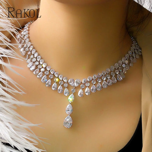 Nigeria Bridal Wedding Jewelry Set For Women Cubic Zircon Water Drop Blue Crystal Necklace&Earrings