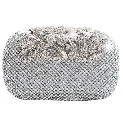 Unique Clasp Silver Diamante Crystal Diamond Evening bag Clutch Purse Party Bridal