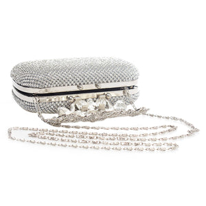 Unique Clasp Silver Diamante Crystal Diamond Evening bag Clutch Purse Party Bridal