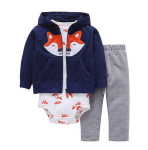 newborn baby boy/Girl clothes set cartoon fox hooded long sleeve coat+romper+pants