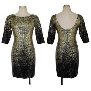 2018 New Summer Elegant Bodycon Black Gold Sequin Dress Women O-Neck 3/4 Sleeve Backless Sundress Sexy Mini Evening Party Dress