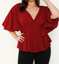 Load image into Gallery viewer, Plus Size Red V Neck Flutter Sleeve Ruffle Surplice Wrap Knot Elegant Blouse Shirt Women 2019 Summer Office Ladies Tops