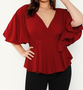 Plus Size Red V Neck Flutter Sleeve Ruffle Surplice Wrap Knot Elegant Blouse Shirt Women 2019 Summer Office Ladies Tops