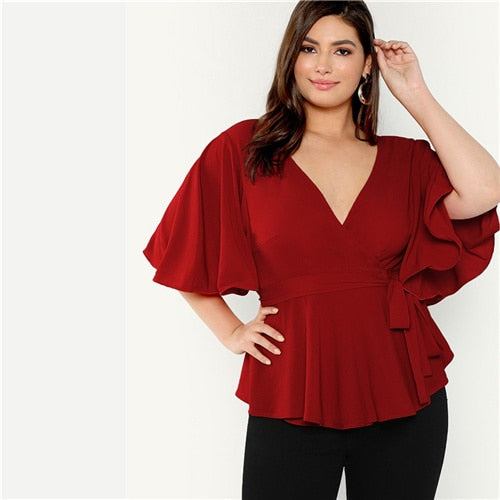 Plus Size Red V Neck Flutter Sleeve Ruffle Surplice Wrap Knot Elegant Blouse Shirt Women 2019 Summer Office Ladies Tops