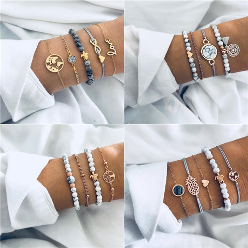 5Pcs/lot Bohemian Map Charm Bracelets Set Bangles For Women Multilayer Crystal Beads Heart Bracelet Gift