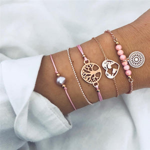 5Pcs/lot Bohemian Map Charm Bracelets Set Bangles For Women Multilayer Crystal Beads Heart Bracelet Gift