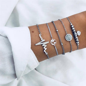 5Pcs/lot Bohemian Map Charm Bracelets Set Bangles For Women Multilayer Crystal Beads Heart Bracelet Gift