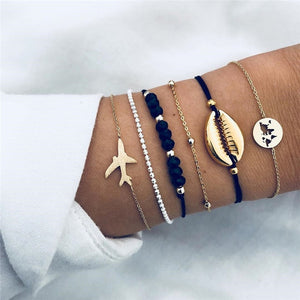 5Pcs/lot Bohemian Map Charm Bracelets Set Bangles For Women Multilayer Crystal Beads Heart Bracelet Gift