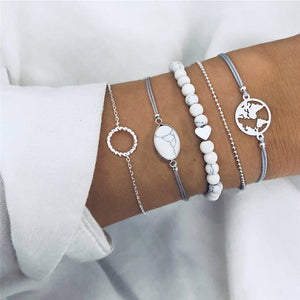 5Pcs/lot Bohemian Map Charm Bracelets Set Bangles For Women Multilayer Crystal Beads Heart Bracelet Gift