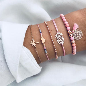 5Pcs/lot Bohemian Map Charm Bracelets Set Bangles For Women Multilayer Crystal Beads Heart Bracelet Gift