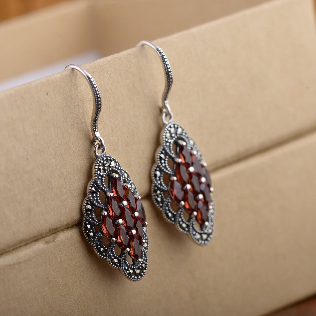 Drop Earrings With Wine Red Garnet Natural Stone Silver Earrings