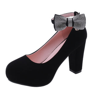 Women's plus size 45 crystal bowtie pumps super high square heels ankle strap party wedding shoes