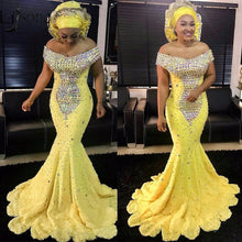 Load image into Gallery viewer, Aso Ebi Yellow Crystal Prom Dresses Gonna Long Mermaid Evening Gowns African Formal Party Dress Plus Size Lace Up Vestido Longo