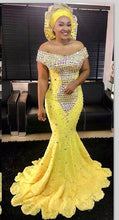 Load image into Gallery viewer, Aso Ebi Yellow Crystal Prom Dresses Gonna Long Mermaid Evening Gowns African Formal Party Dress Plus Size Lace Up Vestido Longo