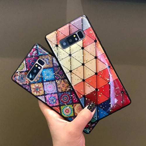 Multi-Color Grid Phone Case For Samsung Galaxy S10 S8 S9 Plus Bling Sequin Gold Foil Flower Soft Epoxy Case