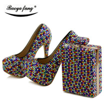 Load image into Gallery viewer, Woman Wedding shoes with matching bags Multicolored Crystal Luxury Rhinestone Wedding shoe Bridal Bride High shoes and purse