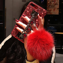 Load image into Gallery viewer, Luxury DIY Soft Fur Ball+crystal Strap Phone case For iPhone Blingbling Glitter